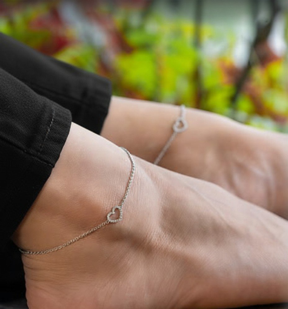 Silver Heart Anklet with Pave Cubic Zirconia 