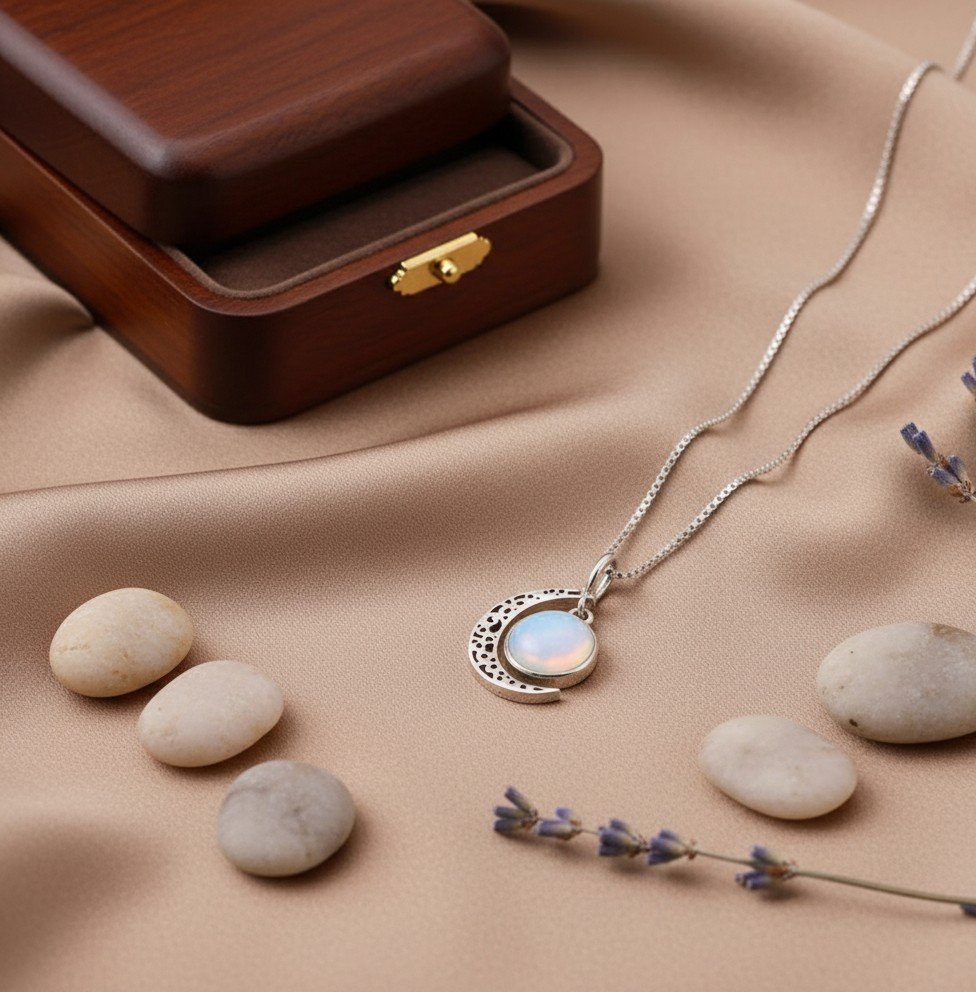 Intricate Filigree Moon Pendant & Blue Opalite Necklace 