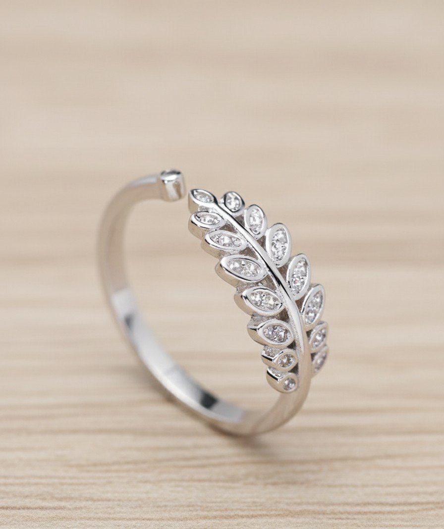 Delicate Silver Toned Pave Leaf Statement Ring - Adjustable Band