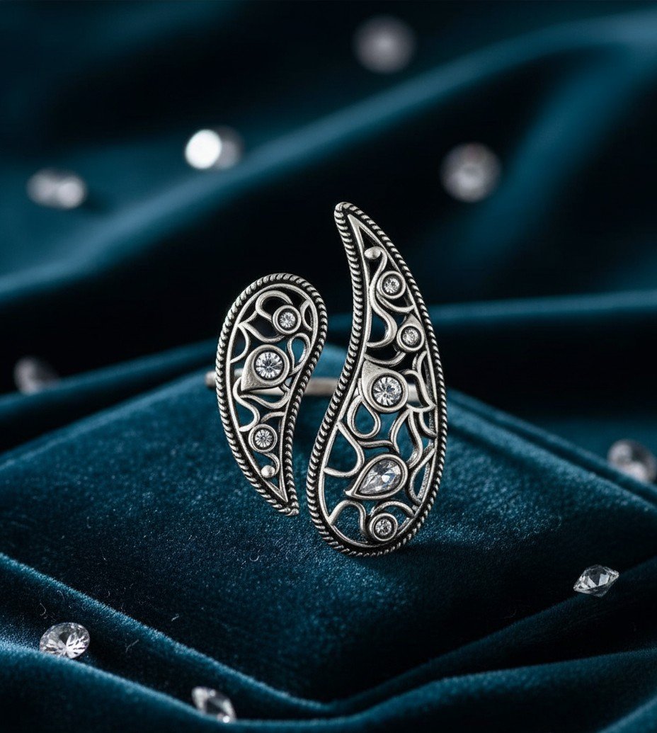 Vintage Silver Paisley Cuff Ring with Cubic Zirconia Accents