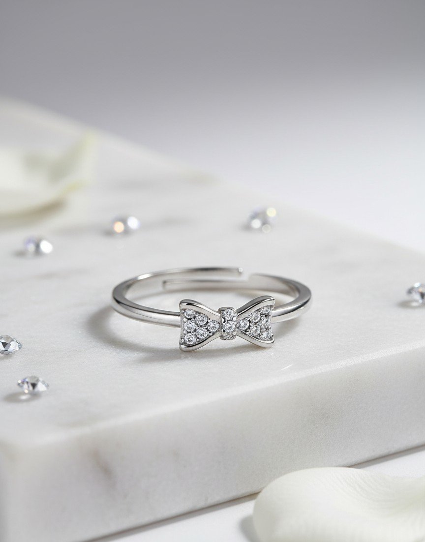 Cute & Chic Sterling Silver-Plated Bow Ring with Diamonds/CZ