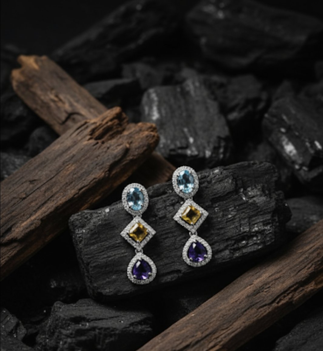 Elegant Multi-Gemstone Dangle Earrings with Blue Topaz, Citrine & Amethyst