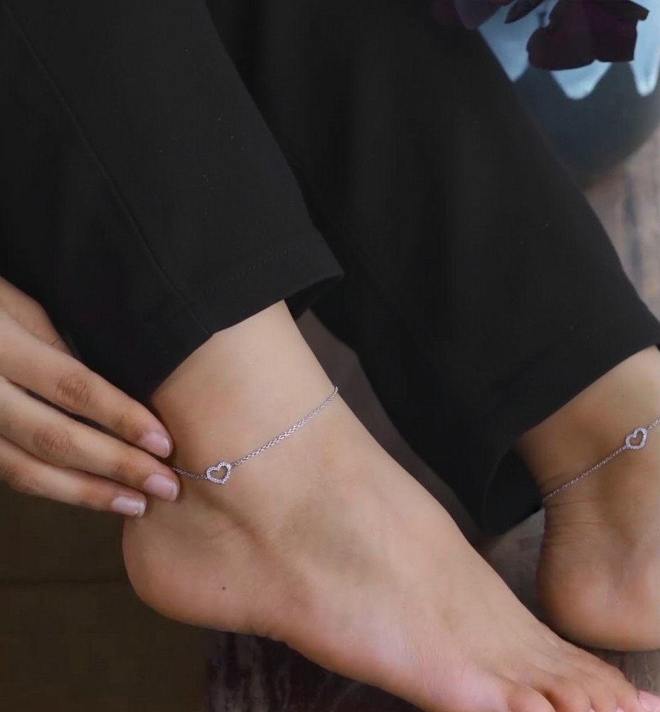 Silver Heart Anklet with Pave Cubic Zirconia 