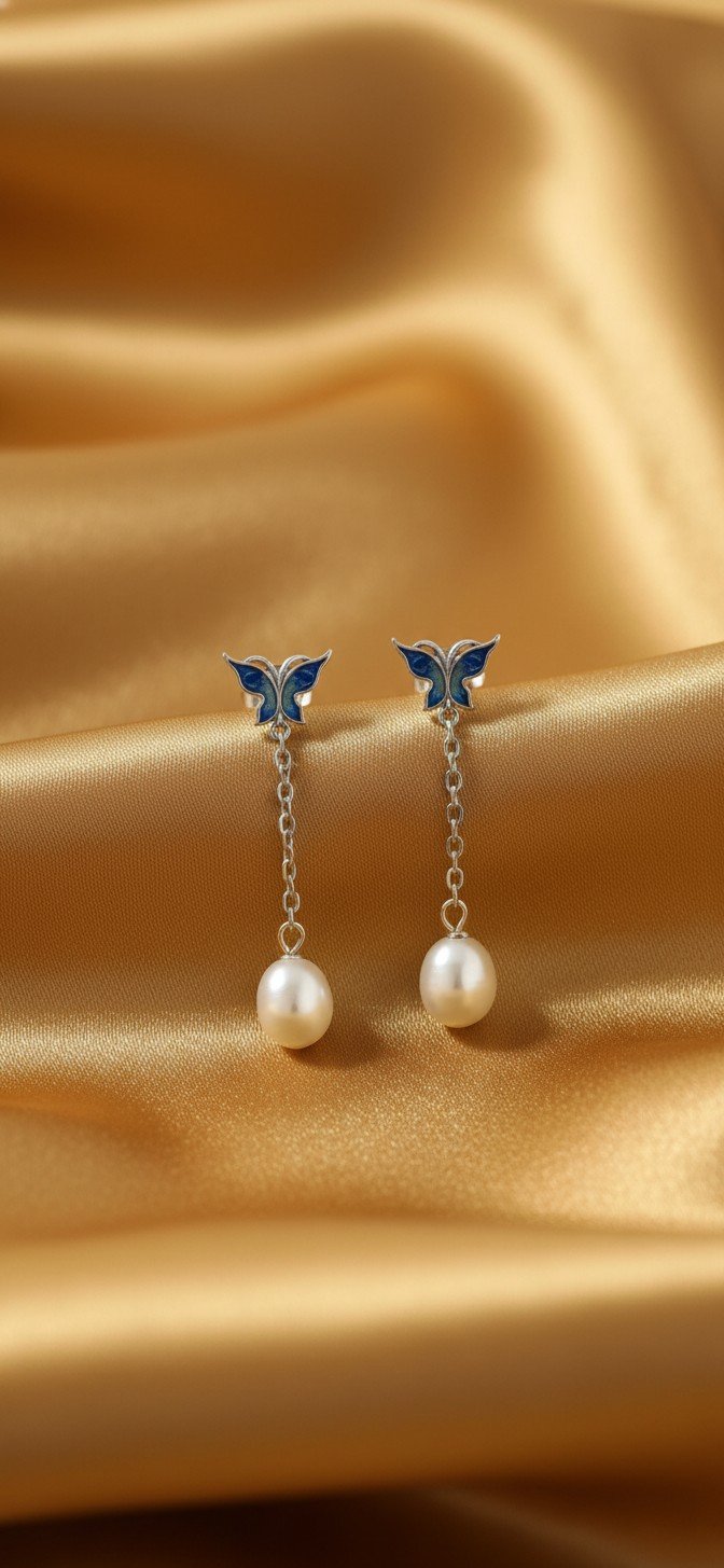 🦋 Azure Dream✨ Butterfly & Pearl Drop Earrings: Enamel Charm Dangle in Sterling Silver 🦋