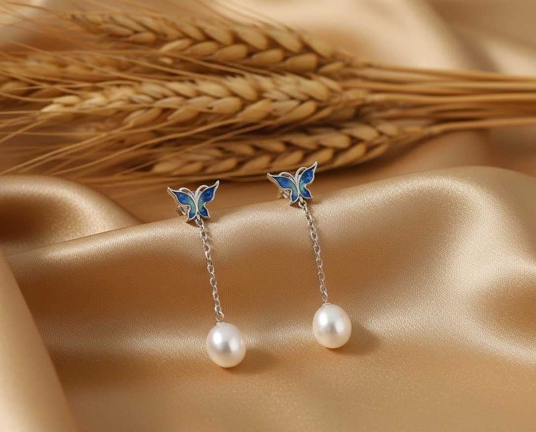 🦋 Azure Dream✨ Butterfly & Pearl Drop Earrings: Enamel Charm Dangle in Sterling Silver 🦋