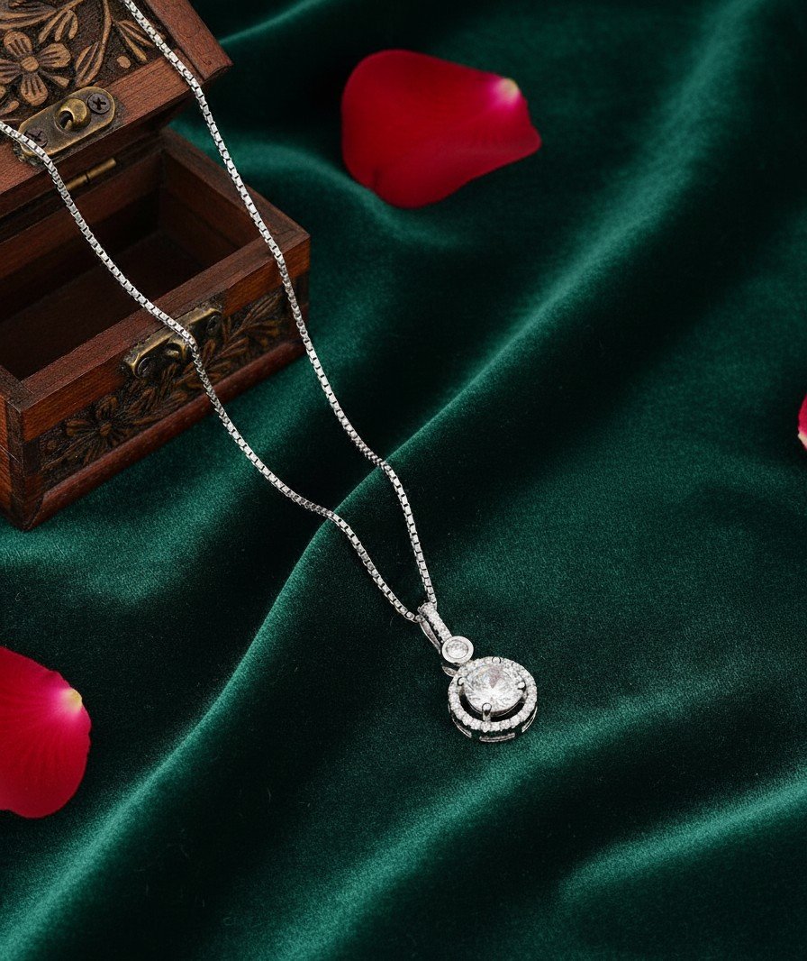 Dazzling Round Cut CZ Halo Solitaire Necklace