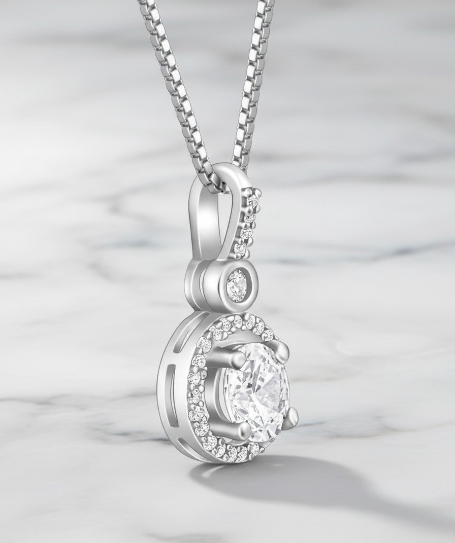 Dazzling Round Cut CZ Halo Solitaire Necklace