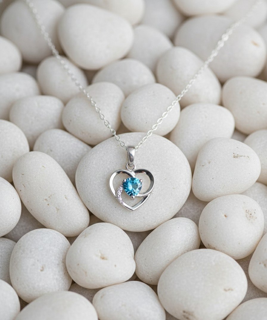 Blue Solitaire Heart Necklace - Layering Charm Pendant