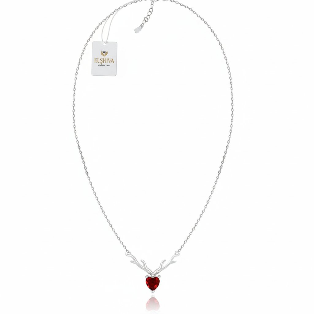 Elegant Silver Antler Necklace with Red Heart Crystal