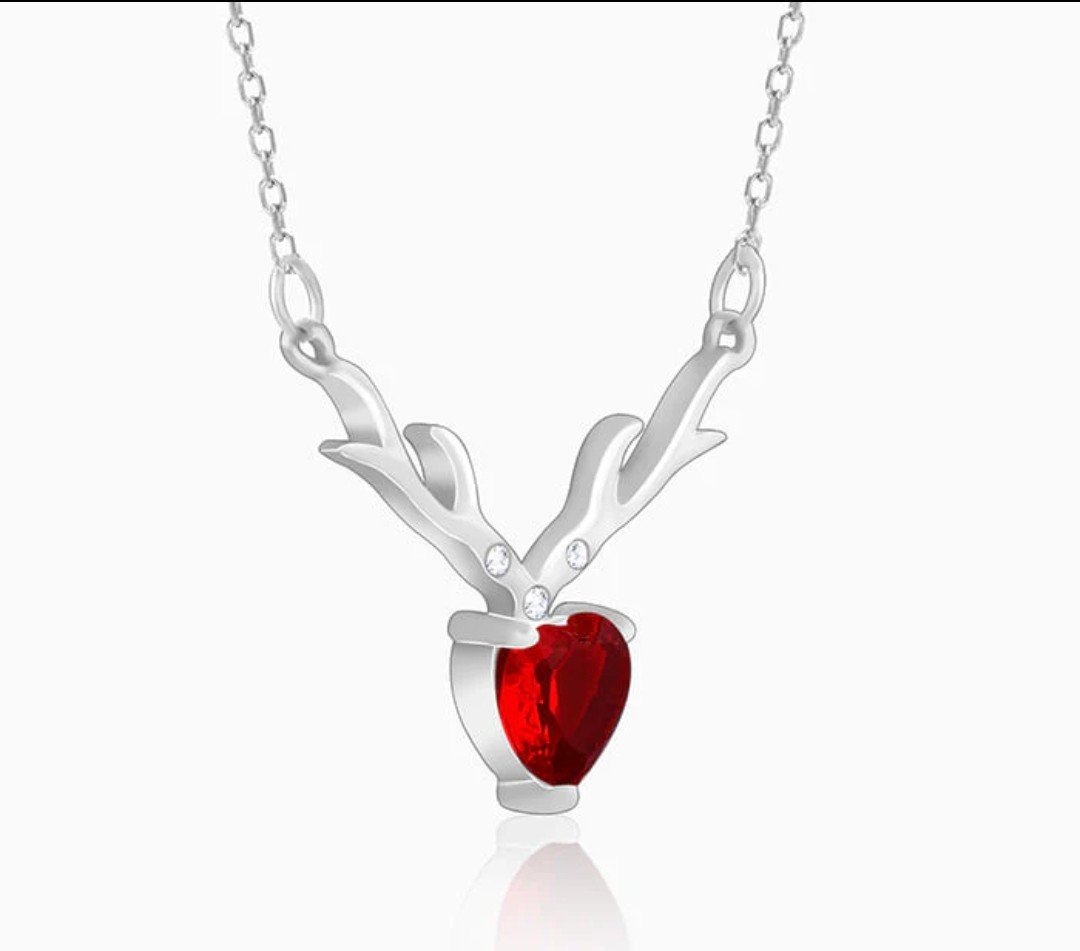 Elegant Silver Antler Necklace with Red Heart Crystal