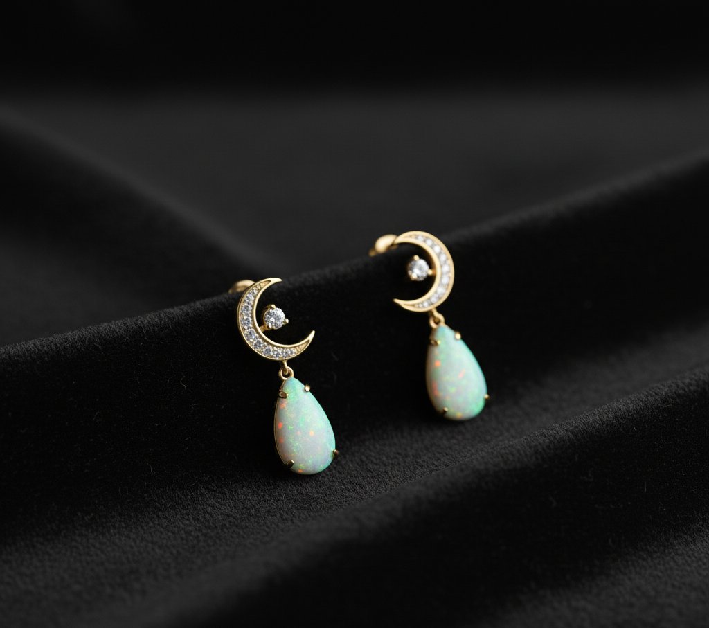 ✨🌙 Celestial Charm: Opal & CZ Crescent Moon Drop Earring