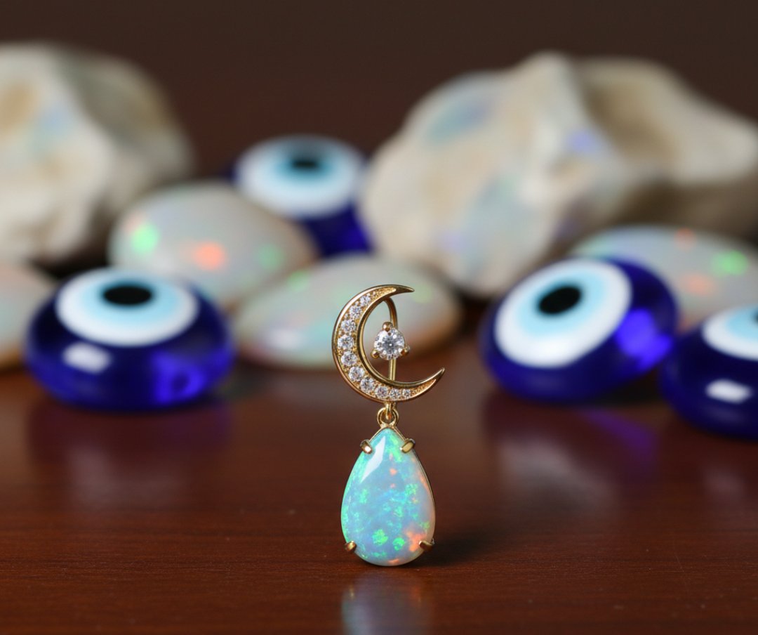 ✨🌙 Celestial Charm: Opal & CZ Crescent Moon Drop Earring