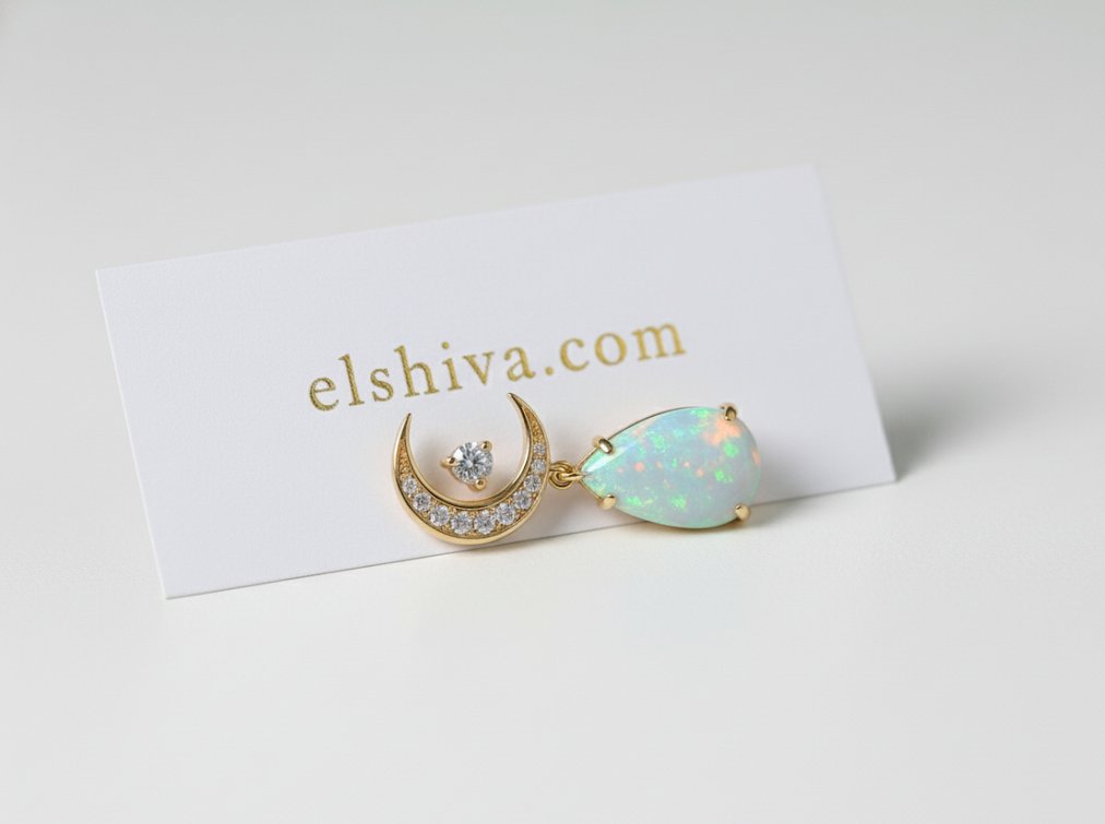 ✨🌙 Celestial Charm: Opal & CZ Crescent Moon Drop Earring