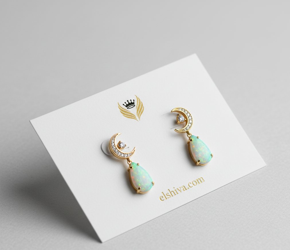✨🌙 Celestial Charm: Opal & CZ Crescent Moon Drop Earring