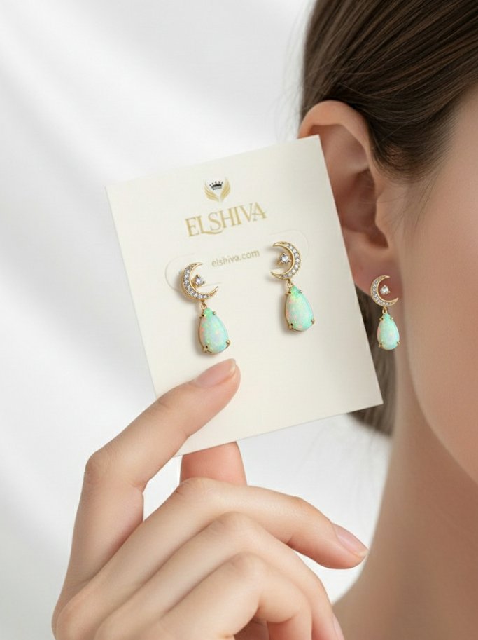✨🌙 Celestial Charm: Opal & CZ Crescent Moon Drop Earring