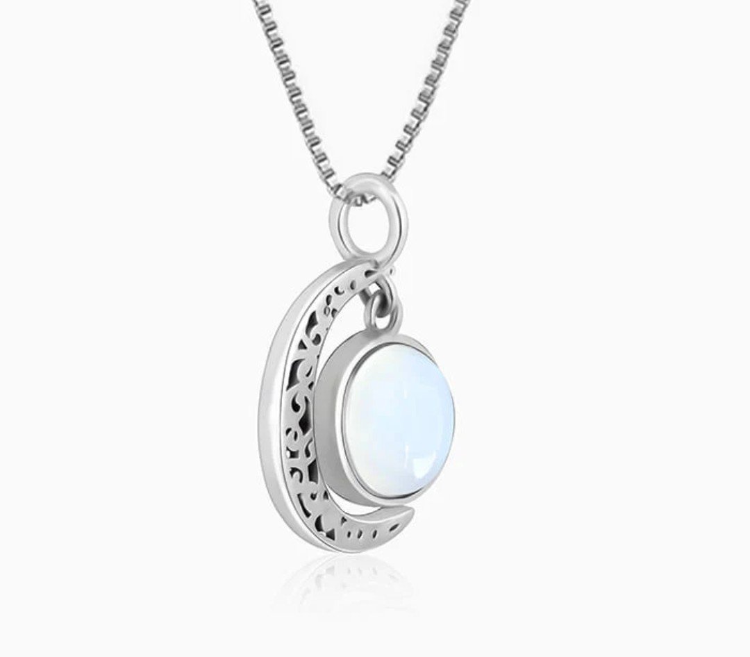 Intricate Filigree Moon Pendant & Blue Opalite Necklace 