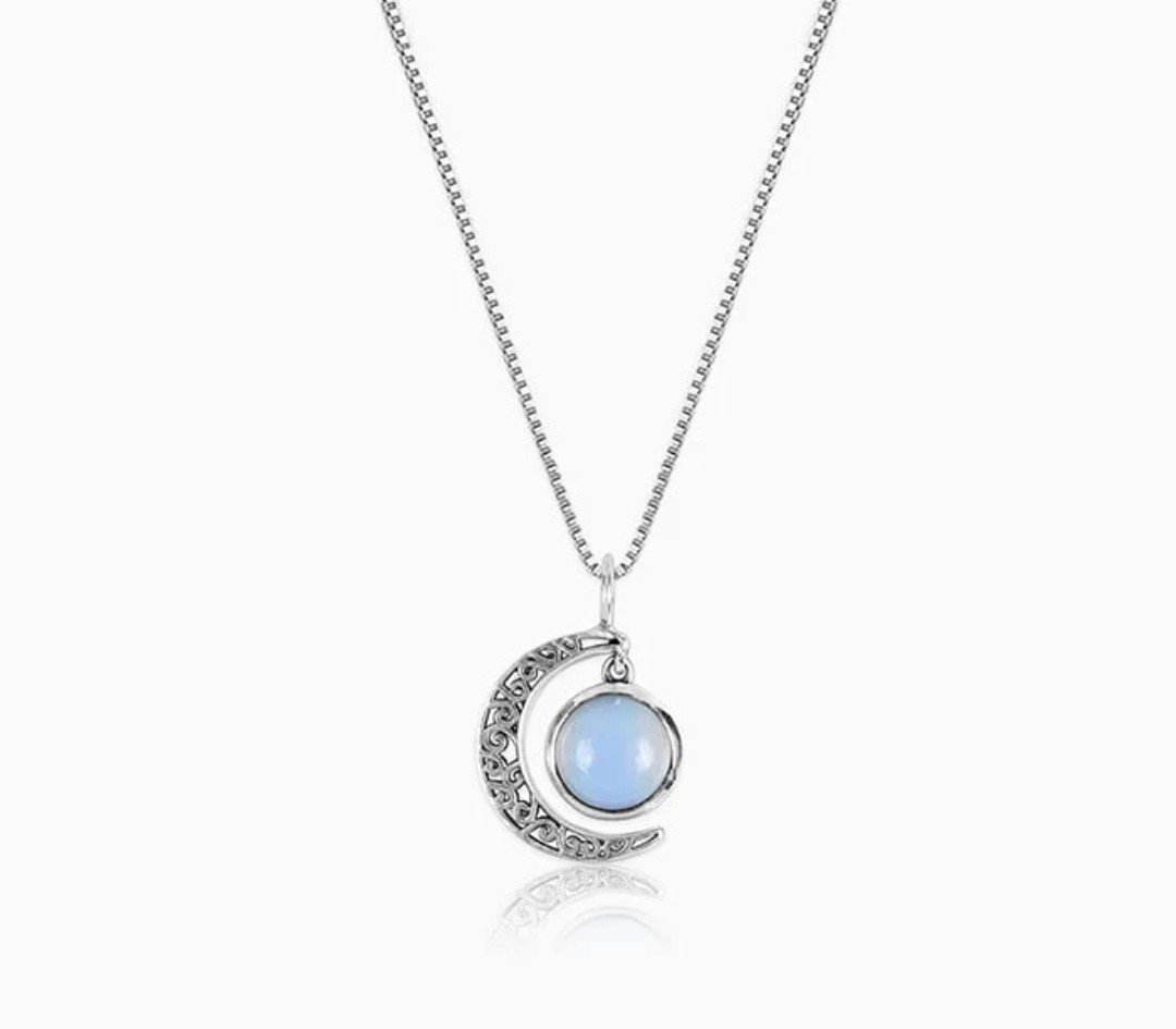 Intricate Filigree Moon Pendant & Blue Opalite Necklace 