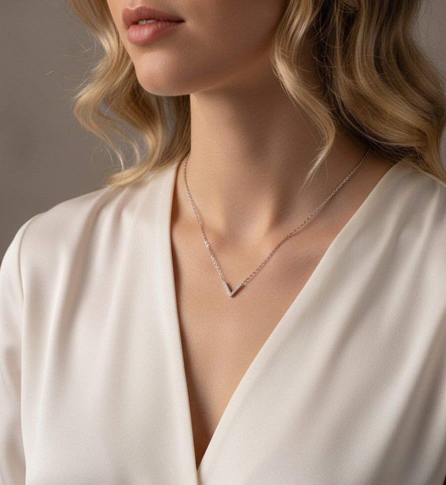 Chevron Pendant Necklace | Sparkly CZ V-Neckline Accent