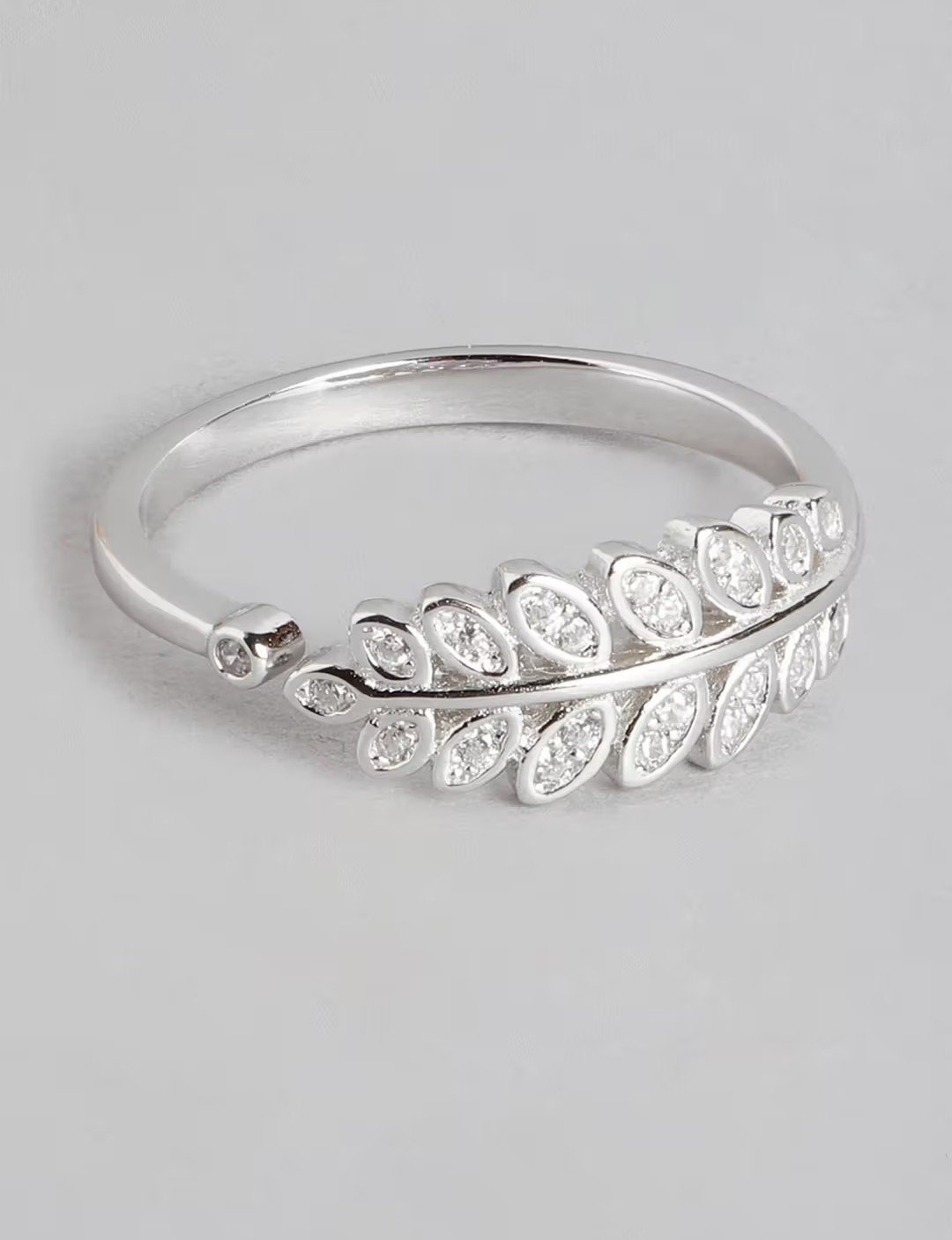 Delicate Silver Toned Pave Leaf Statement Ring - Adjustable Band