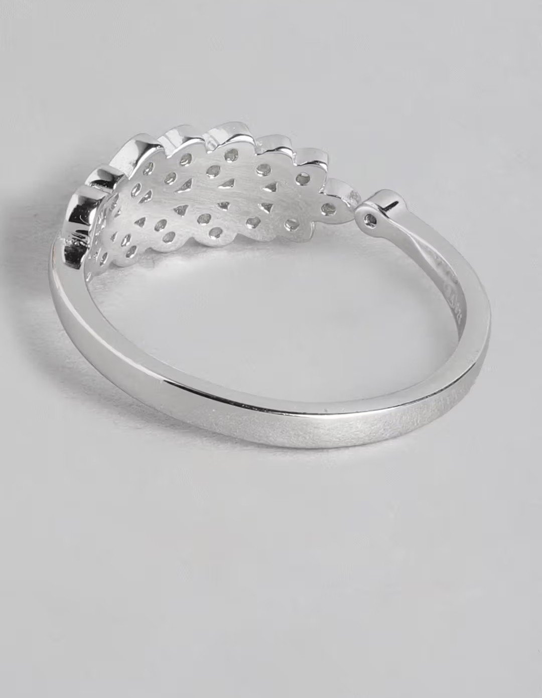 Delicate Silver Toned Pave Leaf Statement Ring - Adjustable Band