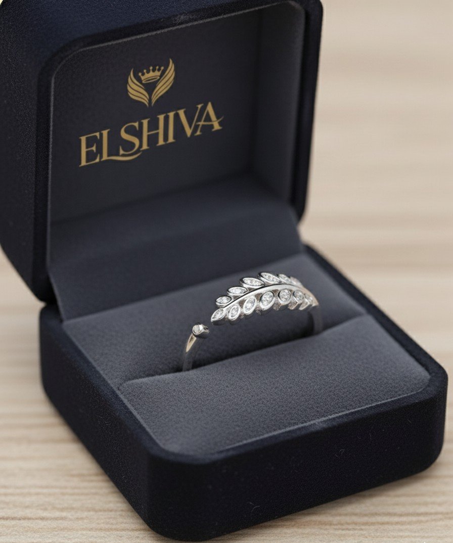 Delicate Silver Toned Pave Leaf Statement Ring - Adjustable Band