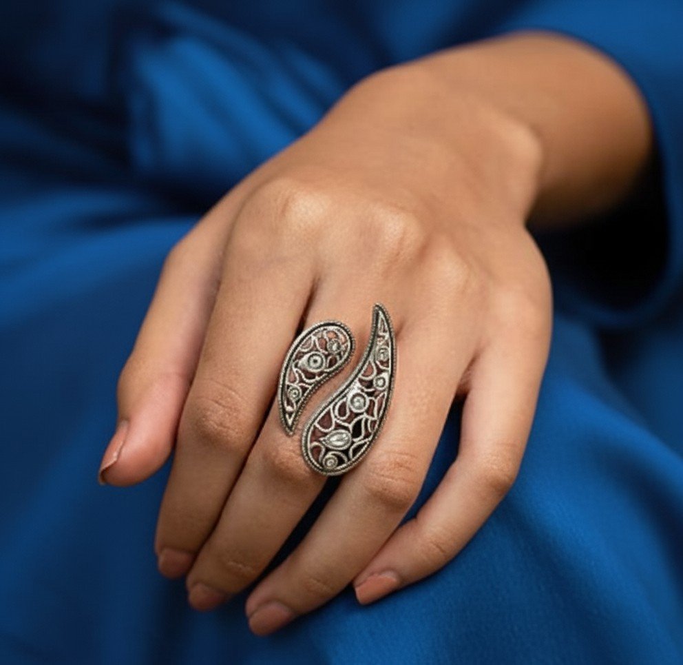 Vintage Silver Paisley Cuff Ring with Cubic Zirconia Accents