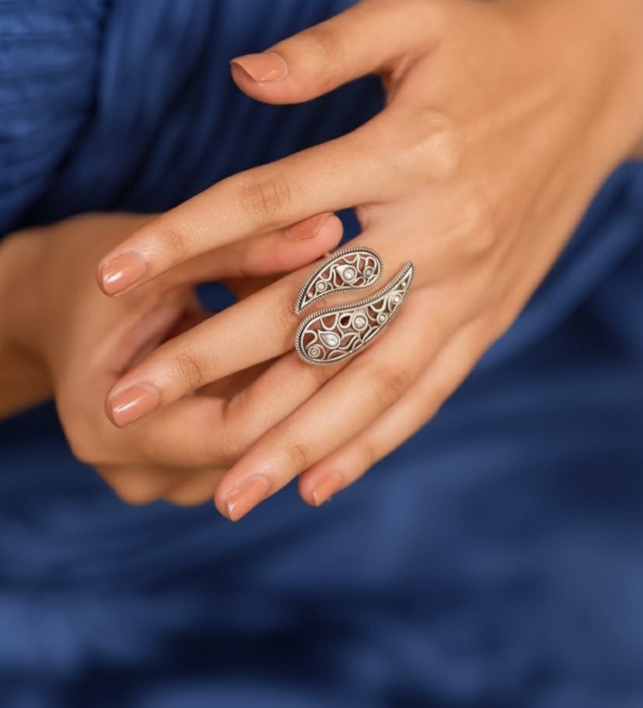 Vintage Silver Paisley Cuff Ring with Cubic Zirconia Accents