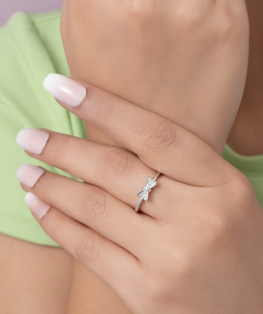 Cute & Chic Sterling Silver-Plated Bow Ring with Diamonds/CZ