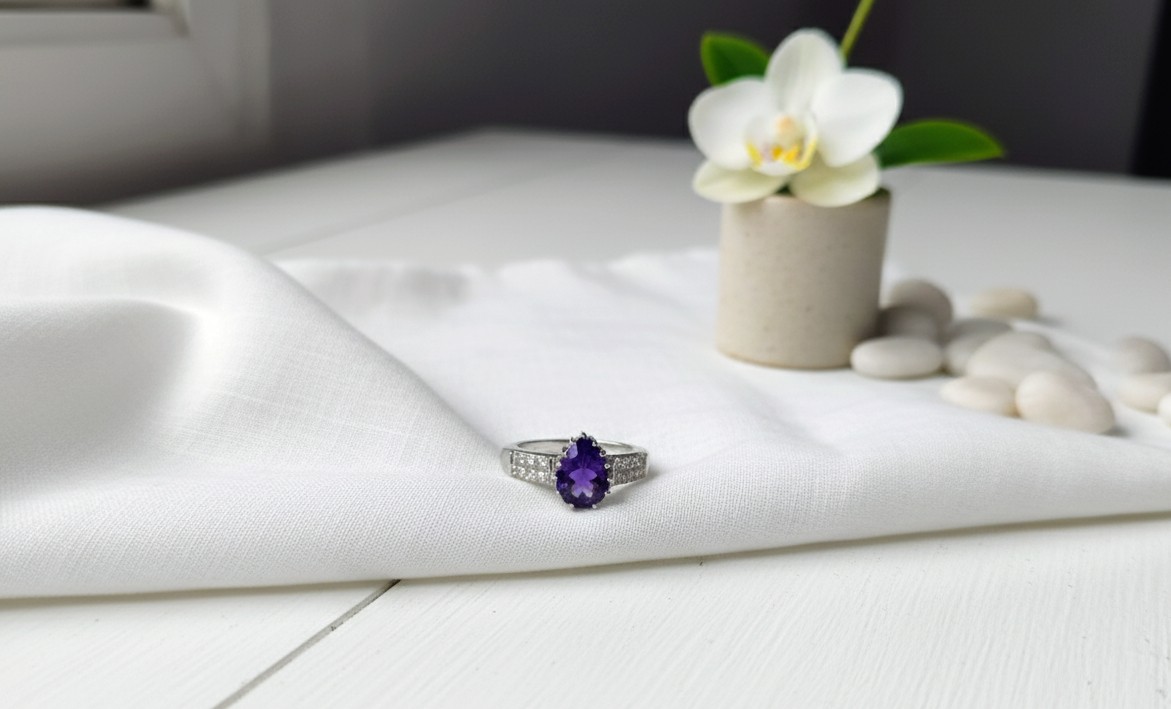 Sterling Silver Amethyst Ring | Cubic Zirconia Accents | Promise Ring