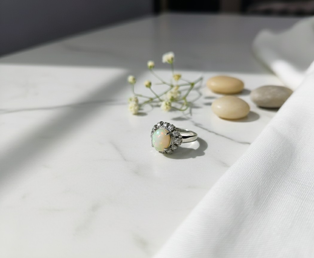 Vintage Opal CZ Halo Ring | 925 Sterling Silver | October Birthstone