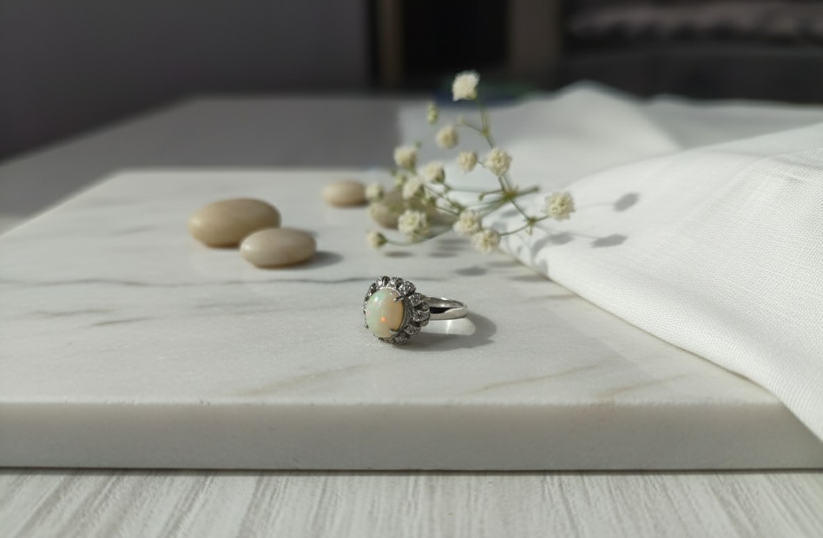 Vintage Opal CZ Halo Ring | 925 Sterling Silver | October Birthstone