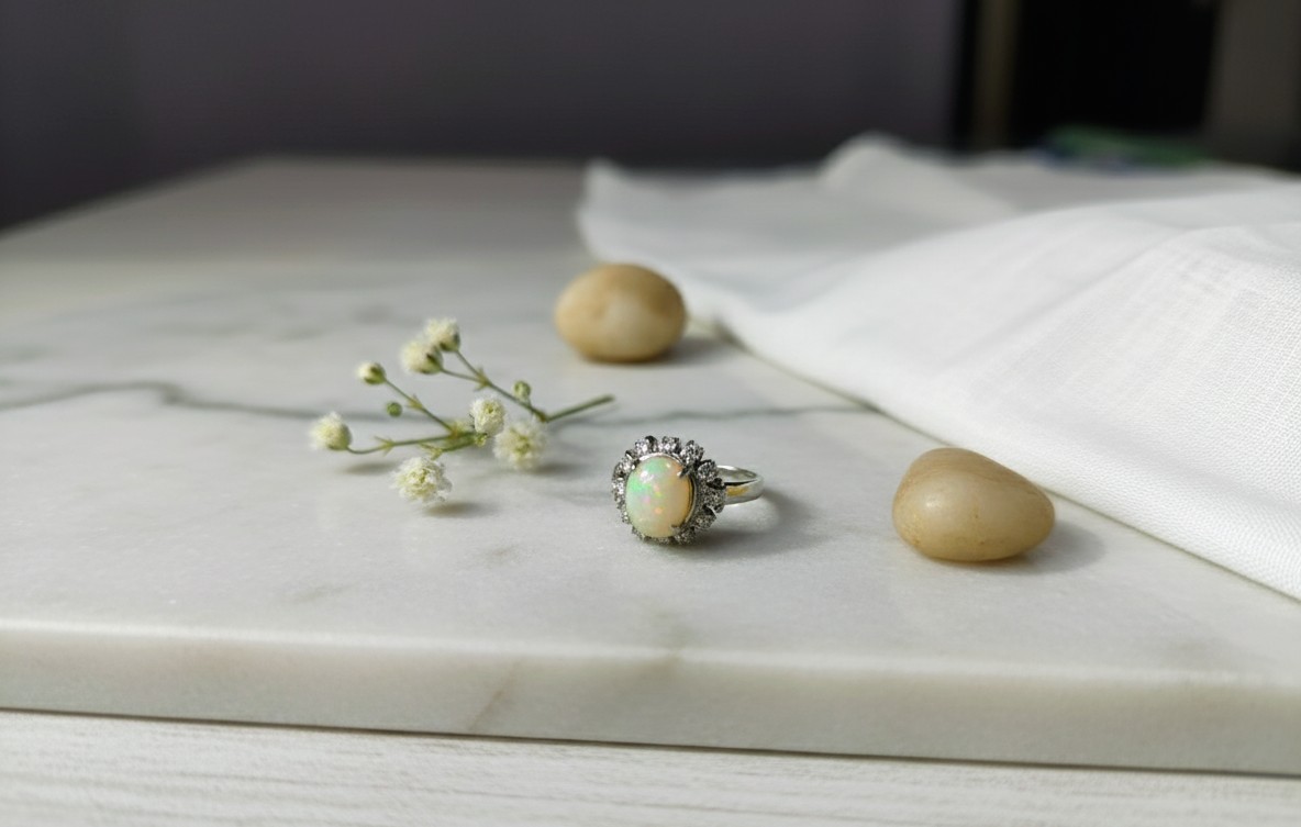 Vintage Opal CZ Halo Ring | 925 Sterling Silver | October Birthstone