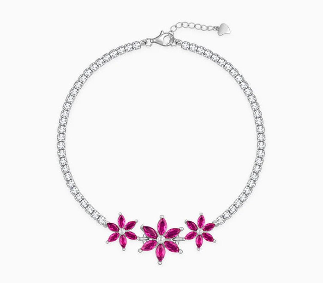 Floral Elegance Bracelet with Pink Stones and White CZ Accents