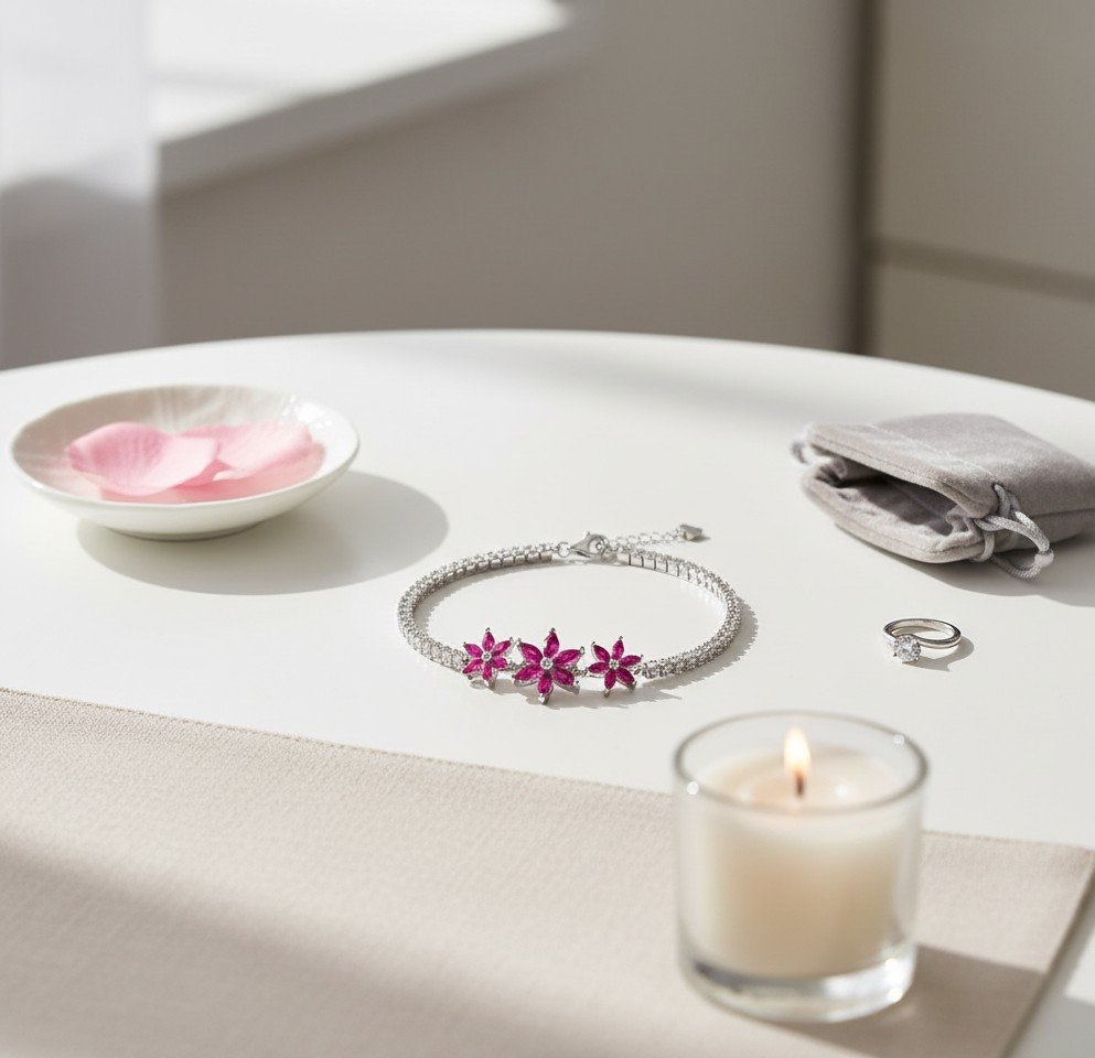 Floral Elegance Bracelet with Pink Stones and White CZ Accents