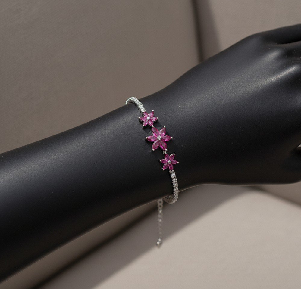 Floral Elegance Bracelet with Pink Stones and White CZ Accents