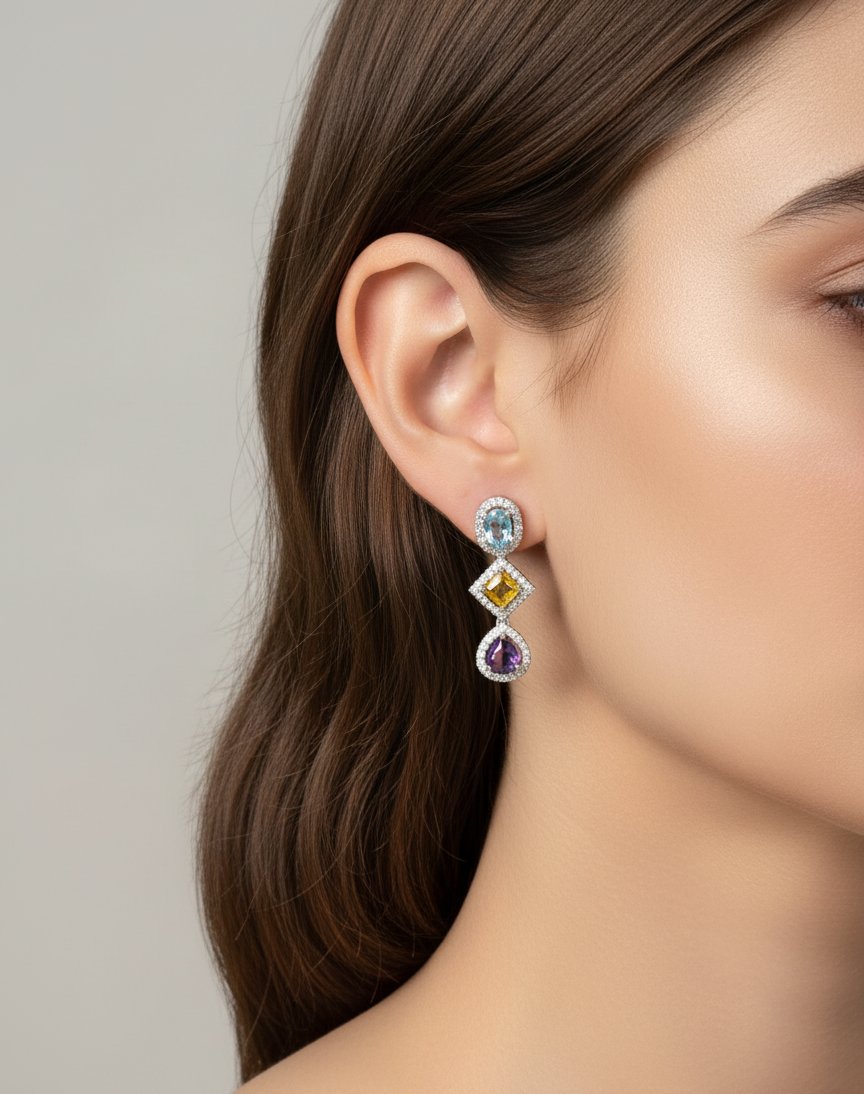 Elegant Multi-Gemstone Dangle Earrings with Blue Topaz, Citrine & Amethyst