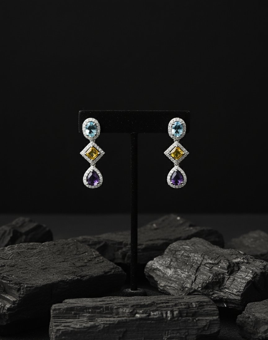 Elegant Multi-Gemstone Dangle Earrings with Blue Topaz, Citrine & Amethyst