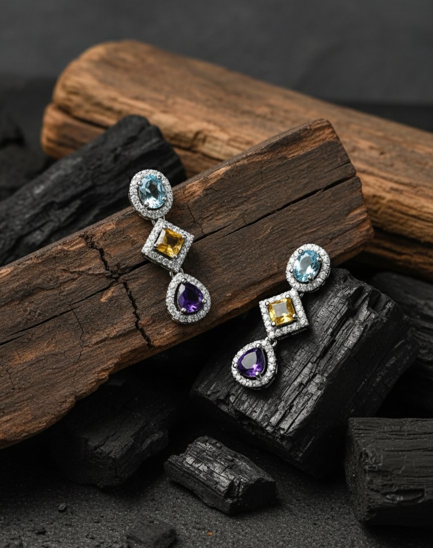 Elegant Multi-Gemstone Dangle Earrings with Blue Topaz, Citrine & Amethyst