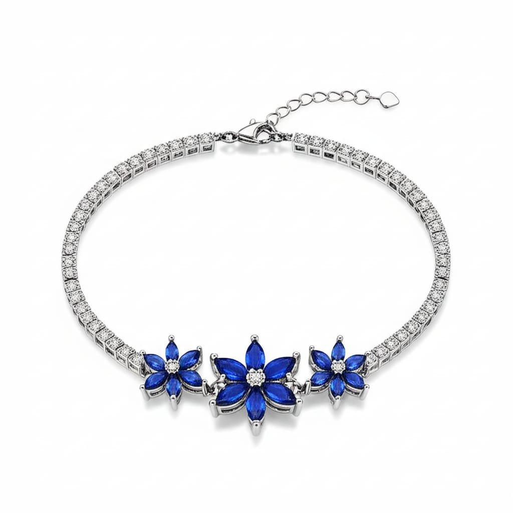 Floral Elegance Bracelet with Blue Stones and White CZ Accents