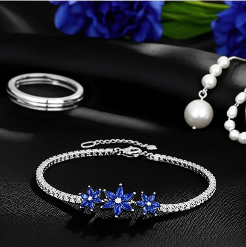 Floral Elegance Bracelet with Blue Stones and White CZ Accents