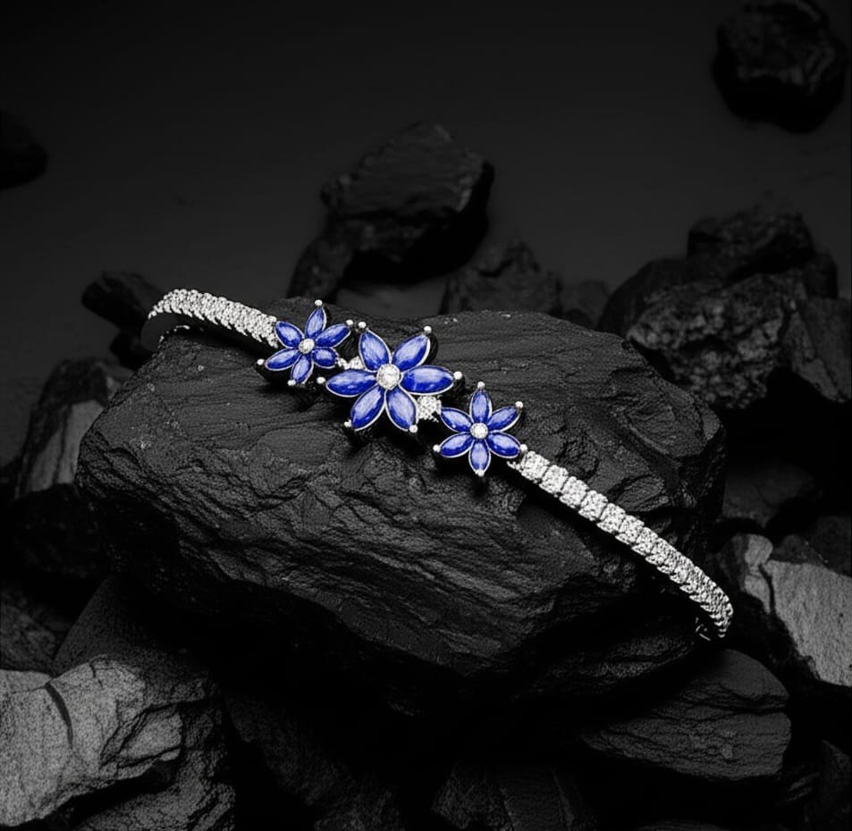 Floral Elegance Bracelet with Blue Stones and White CZ Accents