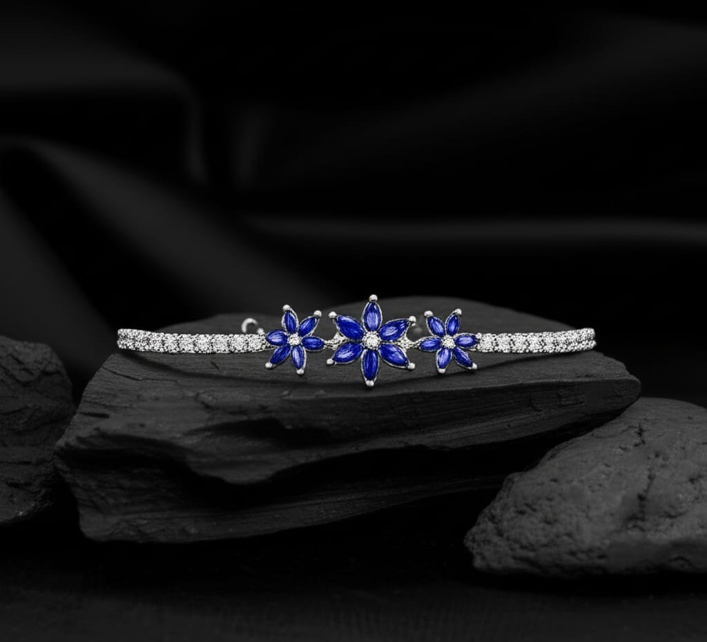 Floral Elegance Bracelet with Blue Stones and White CZ Accents