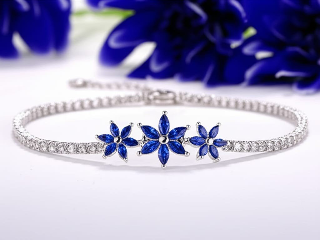 Floral Elegance Bracelet with Blue Stones and White CZ Accents