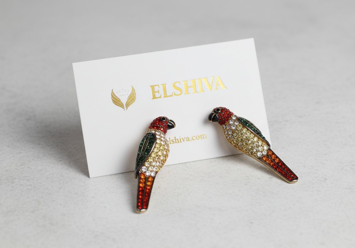 🦜 Elshiva Jewel Parrot Stud Earrings – Vibrant Brass & Cubic Zirconia 🦜