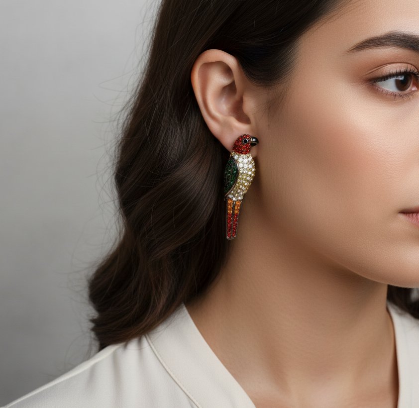 🦜 Elshiva Jewel Parrot Stud Earrings – Vibrant Brass & Cubic Zirconia 🦜