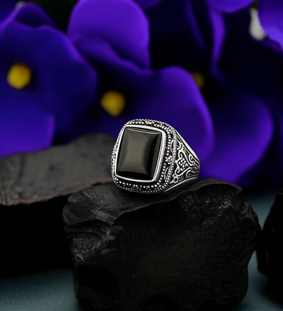 Vintage Mafia Collection: Oxidized Silver & Onyx Ring for Men