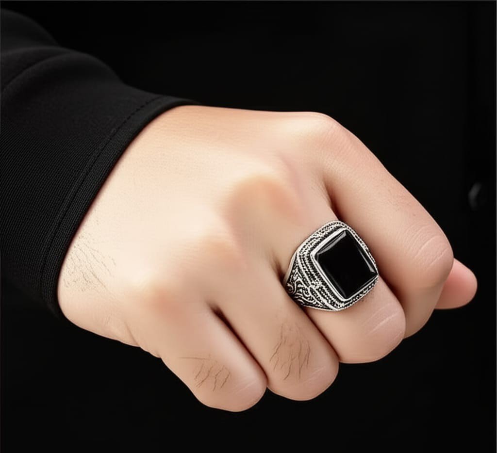 Vintage Mafia Collection: Oxidized Silver & Onyx Ring for Men