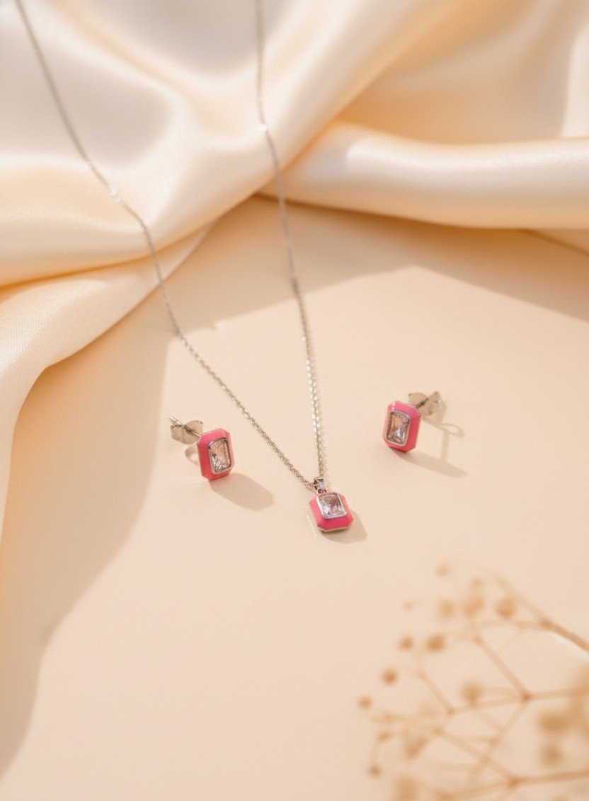 The 'Rose Quartz Dream' Set: Dainty Silver Necklace & Studs with Hand-Applied Hot Pink Enamel