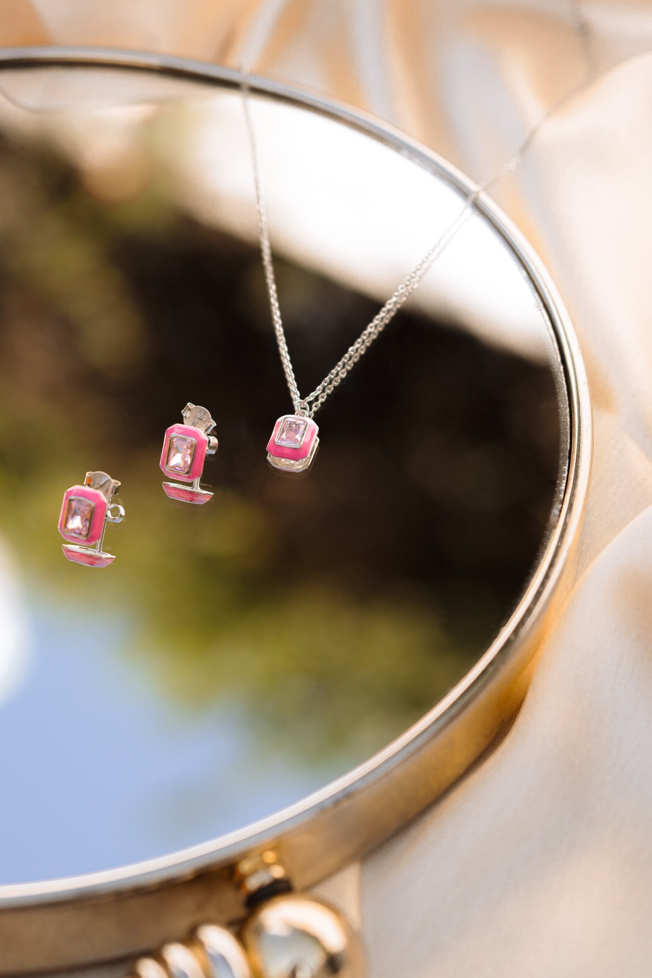 The 'Rose Quartz Dream' Set: Dainty Silver Necklace & Studs with Hand-Applied Hot Pink Enamel