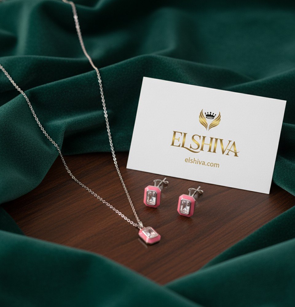 The 'Rose Quartz Dream' Set: Dainty Silver Necklace & Studs with Hand-Applied Hot Pink Enamel